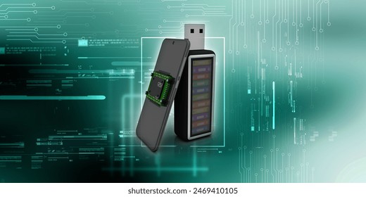 3d rendering microchips on mobile phone search concept with office file in pen drive