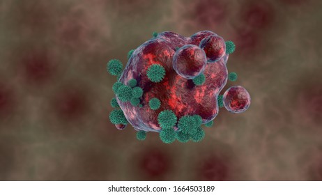 3D rendering of microorganisms, viruses, and red blood cells in a cell. Illustration for medical compositions, the idea of health protection, protection from coronavirus. Medical background.