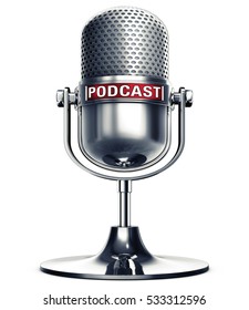 3D rendering of a microphone with a podcast icon