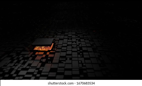 3D rendering microprocessor chipset central processor unit on the illumination circuit computer mainboard. Cyber and futuristic concept, hardware, AI, electronics and technology, with copy space