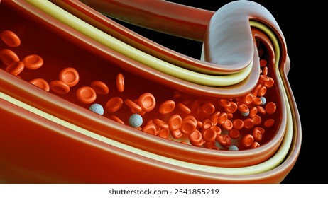 A 3d rendering of microscopic view reveals a bustling highway of blood cells, with red blood cells rushing past, carrying oxygen to the body's tissues and several white blood cells.