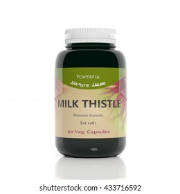 3D Rendering Of  Milk Thistle Supplement Bottle, Isolated On White Background. 