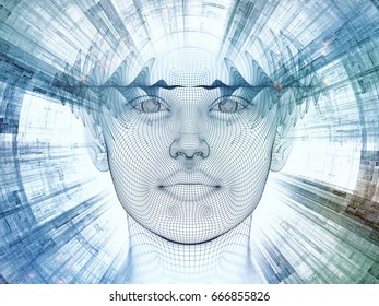 3D Rendering - Mind Field series. Design composed of head of wire mesh human model and fractal patters as a metaphor on the subject of artificial intelligence, science and technology