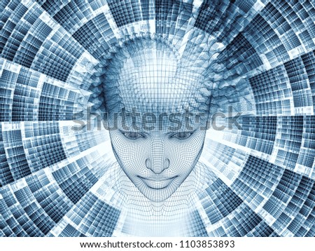 3D Rendering - Mind Field series. Artistic background made of head of wire mesh human model and fractal patters for use with projects on artificial intelligence, science and technology