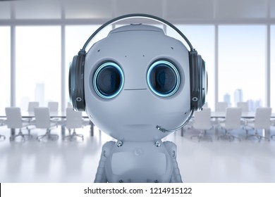 3d rendering mini robot wear headset in office