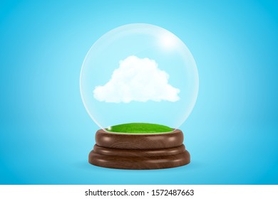 3d rendering of miniature white fluffy cloud inside glass ball globe on light blue background. Weather and climate. Climate change.
