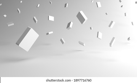 3D Rendering Of Minimal Abstract Scene With Square Objects Floating On Many White Backgrounds. Independent Floating Square Object, Isolated On White Background. Display Product, Illustration.