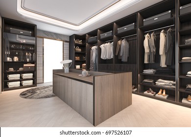 3d Rendering Minimal Loft Dark Wood Walk In Closet With Wardrobe