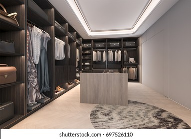 3d Rendering Minimal Loft Dark Wood Walk In Closet With Wardrobe