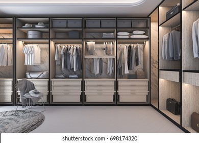 3d Rendering Minimal Loft Luxury Wood Walk In Closet With Wardrobe