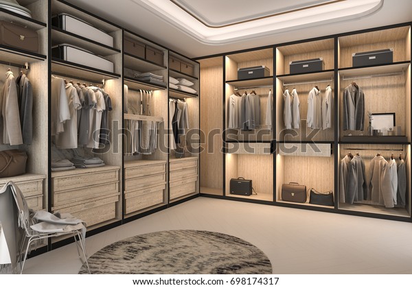3d rendering minimal loft luxury wood walk in\
closet with wardrobe