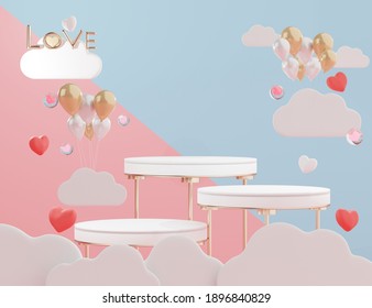 3d rendering of minimal scene of blank podium with Valentine's Day theme. Display stand for product presentation mock up. Cylinder stage in sweet lovely pink color with simple design. Sweet background
