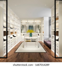 3d rendering minimal white scandinavian wood walk in closet with wardrobe