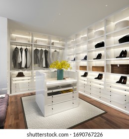 3d rendering minimal white scandinavian wood walk in closet with wardrobe
