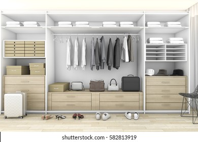 3d rendering minimal wood walk in closet with wardrobe
