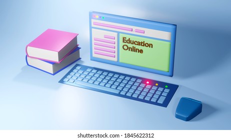 3D Rendering of A minimalist computer set and a book that represents online education isolated blue background. Education online concept. Learning through the internet.