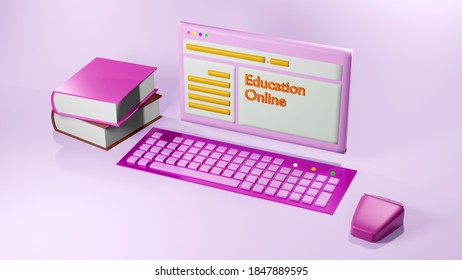 3D Rendering of A minimalist computer set and a book that represents online education isolated pink background. Education online concept. Learning through the internet.