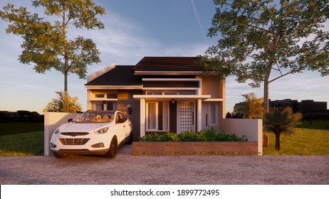 3D rendering a minimalist house design in urban at morning day