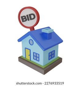 3d rendering. minimalist style cute house icon and bid notice board. illustration of a house being auctioned and sold by submitting a bid