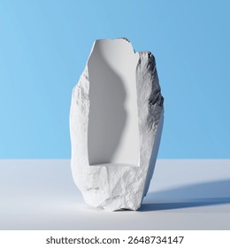 3D Rendering. Minimalist White Stone Sculpture with Carved Interior on Blue Background for Product Display.