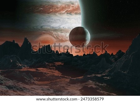 3D rendering of misty icy moon with gargantuan planet Jupiter above rocky moon - high quality
