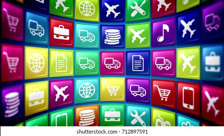 3d rendering of mobile application icons with the pictures of a smart phone, basket,   gear, music note, airplane, portfolio, tools, world and so on, shot spherically in the multicolored background