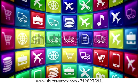 3d rendering of mobile application icons with the pictures of a smart phone, basket,   gear, music note, airplane, portfolio, tools, world and so on, shot spherically in the multicolored background