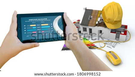 3D rendering of a mobile device with an mortgage calculator and a house building project