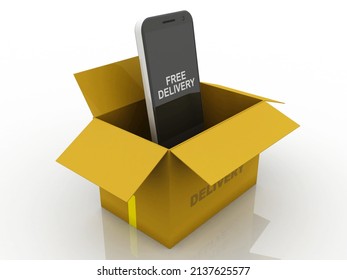 3d rendering mobile ON Cardboard boxes free delivery concept
