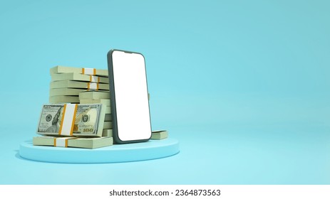 3D rendering of a mobile phone with  blank screen in front of stacks of 100 US dollar notes isolated on blue background.