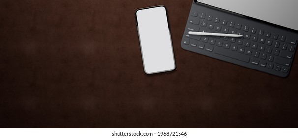 3D rendering, mobile phone with mock-up screen, digital tablet with keyboard and copy space on leather background, 3D illustration