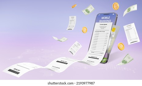 3D Rendering Of Mobile Phone Online Payment. Pay The Bill Of Invoices. Online Transaction Mobile Application For Digital Money Transfers