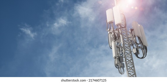 3D Rendering Of Mobile Phone Signal Repeater Station Tower With Blue Sky Background. For Telecommunication Industry, 4g 5g Mobile Data.