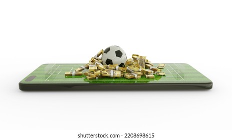 3d Rendering Of Mobile Phone Soccer Betting. Football And Zimbabwean Dollar Notes On Phone Screen. Soccer Field On Smartphone Screen Isolated On White Background. Bet And Win Concept