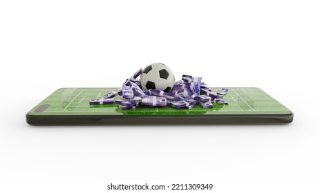 3d Rendering Of Mobile Phone Soccer Betting. Football And New Taiwan Dollar Notes On Phone Screen. Soccer Field On Smartphone Screen Isolated On White Background. Bet And Win Concept