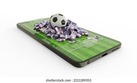 3d Rendering Of Mobile Phone Soccer Betting. Football And New Taiwan Dollar Notes On Phone Screen. Soccer Field On Smartphone Screen Isolated On White Background. Bet And Win Concept