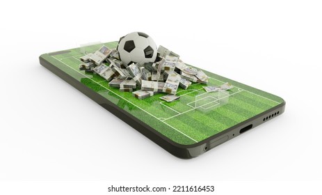 3d Rendering Of Mobile Phone Soccer Betting. Football And Haitian Gourge Notes On Phone Screen. Soccer Field On Smartphone Screen Isolated On White Background. Bet And Win Concept