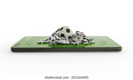 3d Rendering Of Mobile Phone Soccer Betting. Football And Haitian Gourge Notes On Phone Screen. Soccer Field On Smartphone Screen Isolated On White Background. Bet And Win Concept