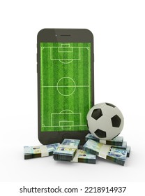 3D Rendering Of A Mobile Phone With Soccer Field On Screen, Soccer Ball And Stacks Of Kuwaiti Dinar Notes Isolated On White Background.