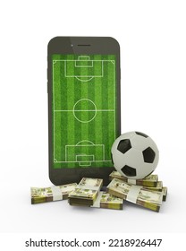 3D Rendering Of A Mobile Phone With Soccer Field On Screen, Soccer Ball And Stacks Of Iraqi Dinar Notes Isolated On White Background.