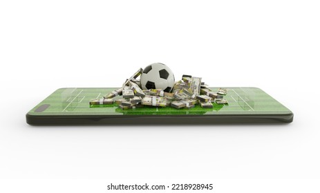 3d Rendering Of Mobile Phone Soccer Betting. Football And Iraqi Dinar Notes On Phone Screen. Soccer Field On Smartphone Screen Isolated On White Background. Bet And Win Concept