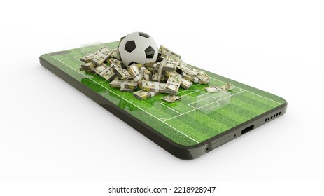 3d Rendering Of Mobile Phone Soccer Betting. Football And Iraqi Dinar Notes On Phone Screen. Soccer Field On Smartphone Screen Isolated On White Background. Bet And Win Concept