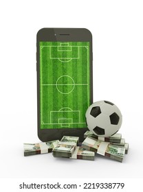 3D Rendering Of A Mobile Phone With Soccer Field On Screen, Soccer Ball And Stacks Of Laotian Kip Notes Isolated On White Background.