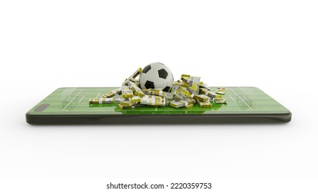 3d Rendering Of Mobile Phone Soccer Betting. Football And Euro Notes On Phone Screen. Soccer Field On Smartphone Screen Isolated On White Background. Bet And Win Concept