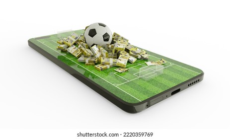 3d Rendering Of Mobile Phone Soccer Betting. Football And Euro Notes On Phone Screen. Soccer Field On Smartphone Screen Isolated On White Background. Bet And Win Concept