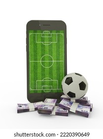 3D Rendering Of A Mobile Phone With Soccer Field On Screen, Soccer Ball And Stacks Of New Taiwan Dollar Notes Isolated On White Background.