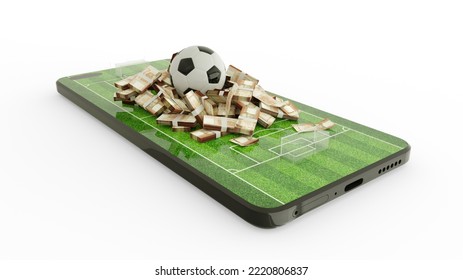 3d Rendering Of Mobile Phone Soccer Betting. Football And Chilean Peso Notes On Phone Screen. Soccer Field On Smartphone Screen Isolated On White Background. Bet And Win Concept