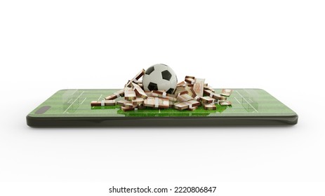 3d Rendering Of Mobile Phone Soccer Betting. Football And Chilean Peso Notes On Phone Screen. Soccer Field On Smartphone Screen Isolated On White Background. Bet And Win Concept