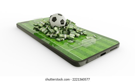 3d Rendering Of Mobile Phone Soccer Betting. Football And Guyanese Dollar Notes On Phone Screen. Soccer Field On Smartphone Screen Isolated On White Background. Bet And Win Concept