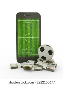 3D Rendering Of A Mobile Phone With Soccer Field On Screen, Soccer Ball And Stacks Of Haitian Gourge Notes Isolated On White Background.